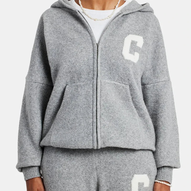 Ensemble Cardigan et pantalon en tricot pour femmes, décontracté, capuche, fermeture éclair, manches longues, manteau ample, pantalon droit, mode dame, costume 2 pièces, automne 2025