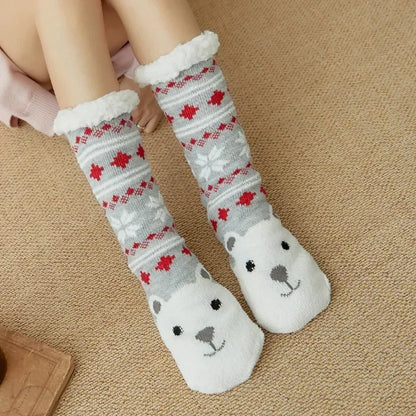 Cadeau de noël pantoufle chaussettes femmes thermique hiver chaud en peluche antidérapant poignée dormir sol chaussette courte floue moelleux femme dessin animé
