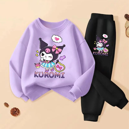 SANRIO-Sweat-shirt imprimé Kuromi pour filles, ensemble de vêtements pour enfants, survêtement respirant, mince, imbibé, dessin animé, printemps, automne, 2 pièces
