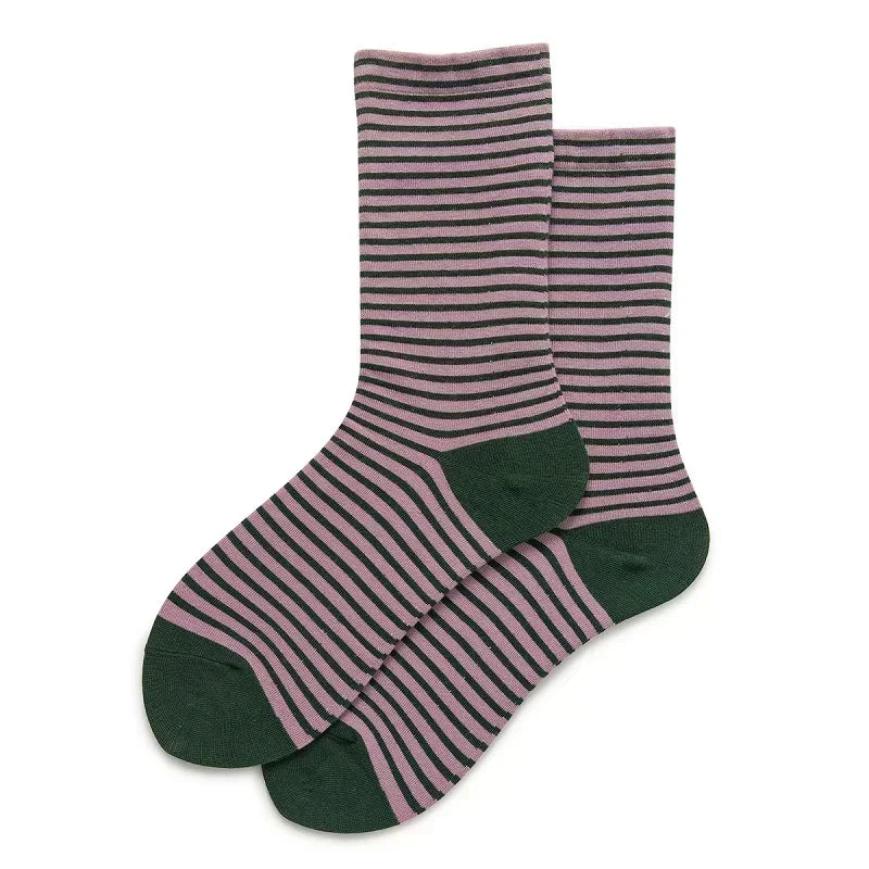 Chaussettes rétro rayées pour femmes, tube moyen, bas en coton, chaussettes coréennes, chaussettes japonaises, printemps et automne