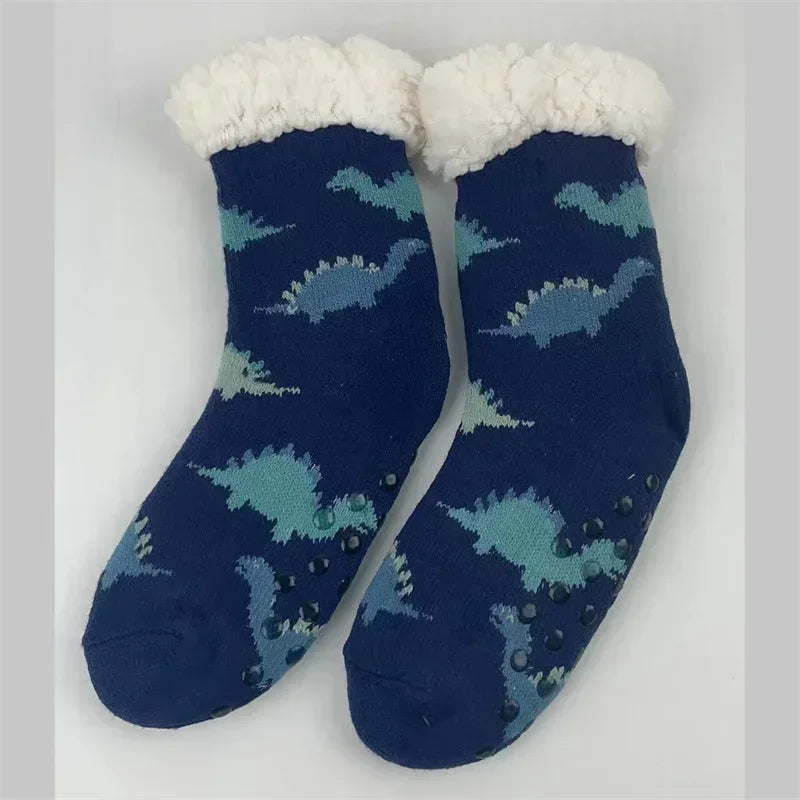 Cadeau de noël pantoufle chaussettes femmes thermique hiver chaud en peluche antidérapant poignée dormir sol chaussette courte floue moelleux femme dessin animé