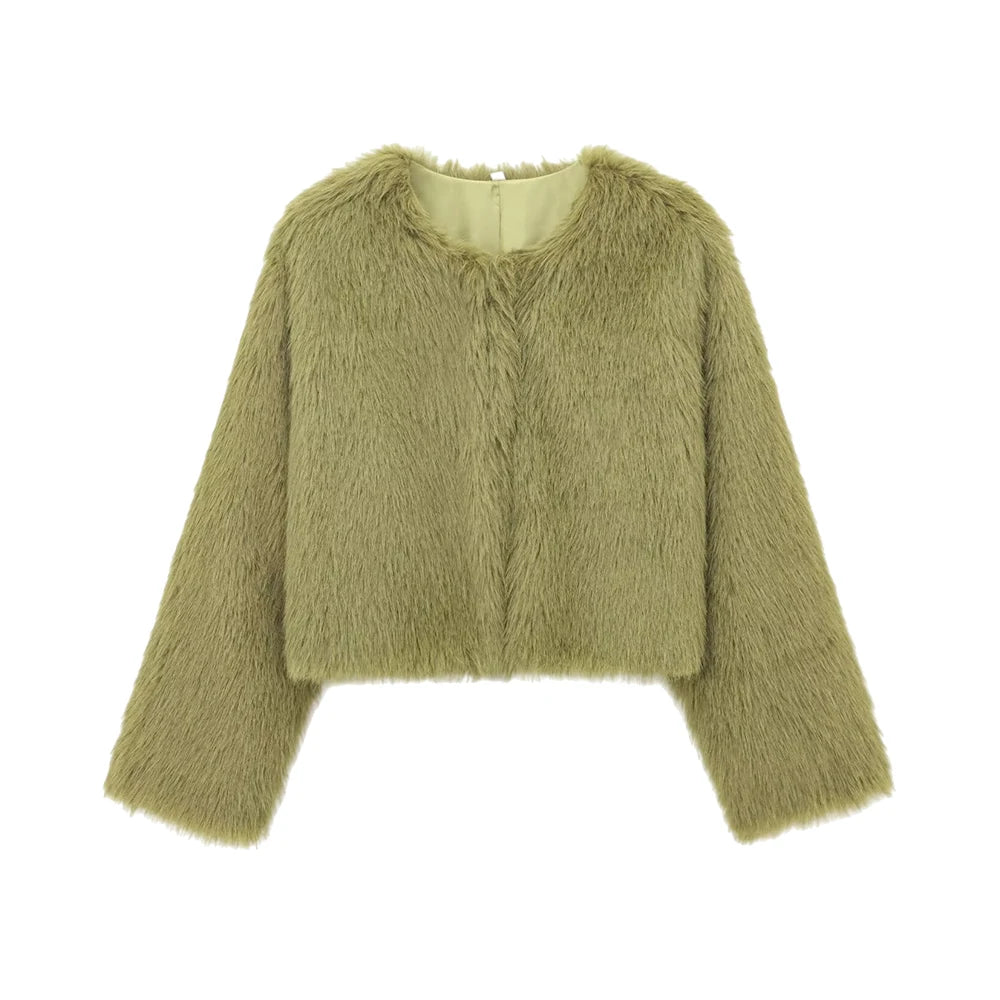 Veste courte épaisse et chaude en fausse fourrure pour femmes, col rond, manches longues, vêtements d'extérieur pour femmes, hauts chics, à la mode