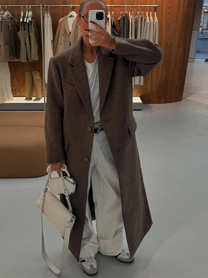 Marron épaulière laine mélange pardessus femmes élégant revers simple boutonnage à manches longues manteau 2025 automne dame banlieue vêtements d'extérieur