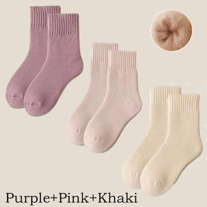 3 paires de chaussettes en laine pour femmes, bottes de neige chaudes et épaisses, couleur Markron, peluche, poilues, douces, Tube moyen, chaussettes de sommeil au sol, blanches, hiver