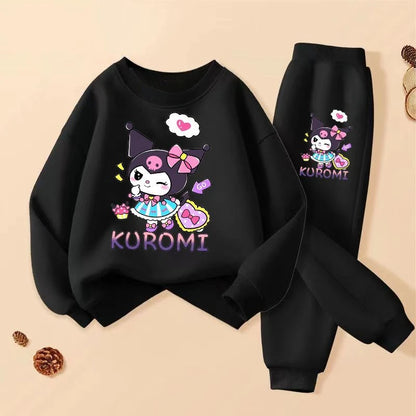SANRIO-Sweat-shirt imprimé Kuromi pour filles, ensemble de vêtements pour enfants, survêtement respirant, mince, imbibé, dessin animé, printemps, automne, 2 pièces