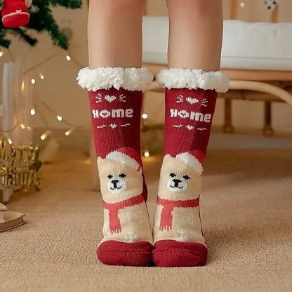 Cadeau de noël pantoufle chaussettes femmes thermique hiver chaud en peluche antidérapant poignée dormir sol chaussette courte floue moelleux femme dessin animé