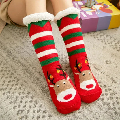 Cadeau de noël pantoufle chaussettes femmes thermique hiver chaud en peluche antidérapant poignée dormir sol chaussette courte floue moelleux femme dessin animé