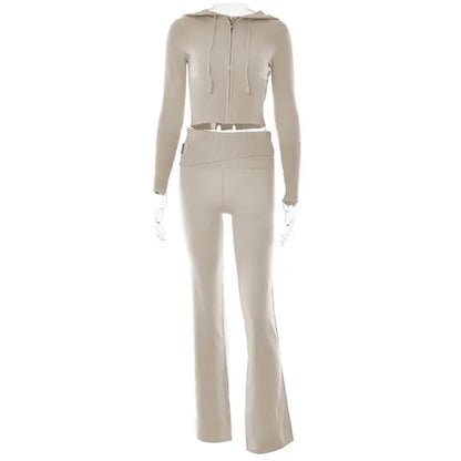 Tenue 2 pièces en tricot côtelé pour femmes, manches longues, fermeture éclair, coupe cintrée, haut court à capuche, pantalon Long élastique, ensemble survêtements Y2K