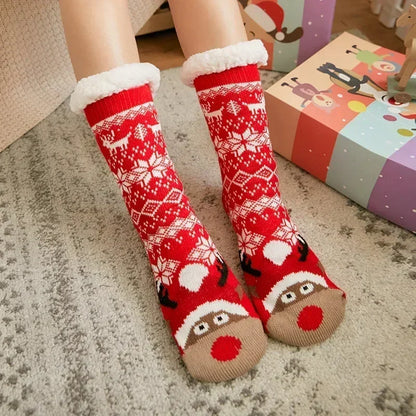 Cadeau de noël pantoufle chaussettes femmes thermique hiver chaud en peluche antidérapant poignée dormir sol chaussette courte floue moelleux femme dessin animé