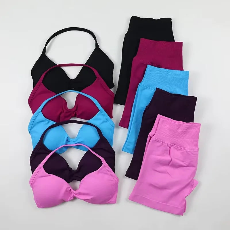 Ensemble de Yoga froncé sans couture pour femmes, vêtements de sport, short de gymnastique, soutien-gorge à bretelles, ensemble 2 pièces, col licou, vêtements d'entraînement, costume de Fitness