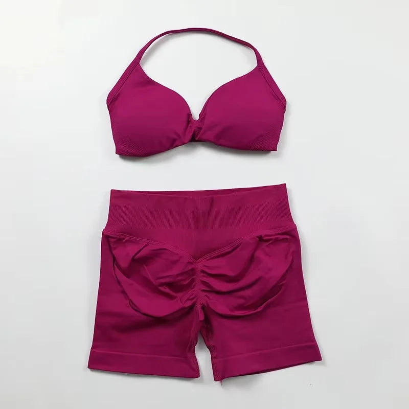 Ensemble de Yoga froncé sans couture pour femmes, vêtements de sport, short de gymnastique, soutien-gorge à bretelles, ensemble 2 pièces, col licou, vêtements d'entraînement, costume de Fitness