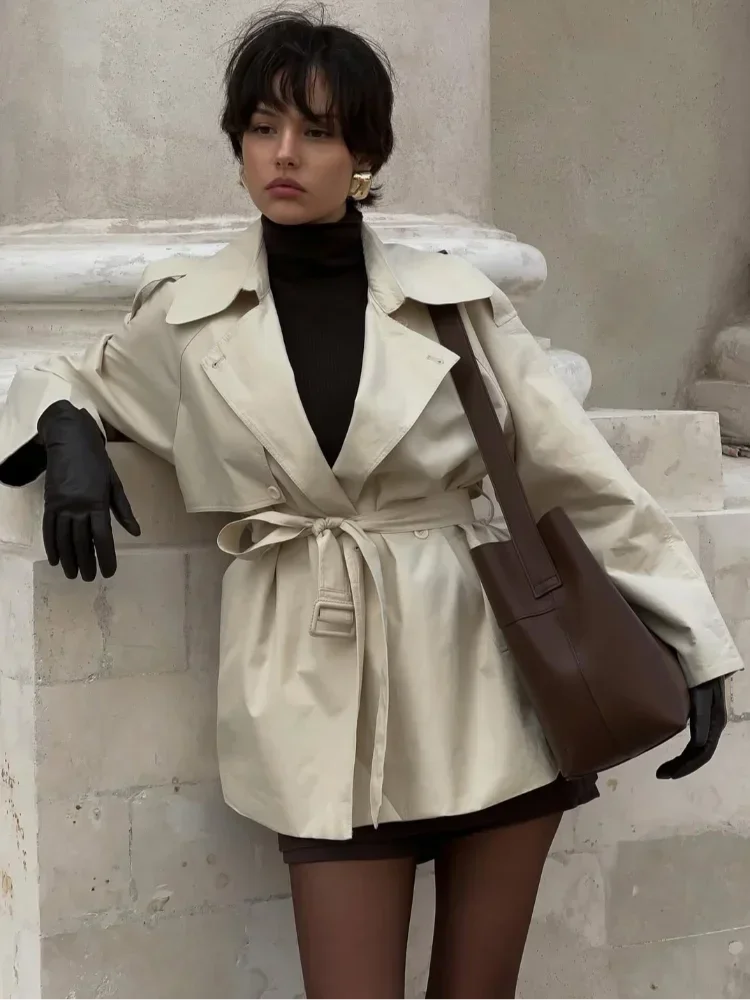 Trench-Coat court à lacets pour femme, décontracté, avec ceinture à revers, manches longues, boutons, court et fin, coupe-vent, Streetwear quotidien d'automne