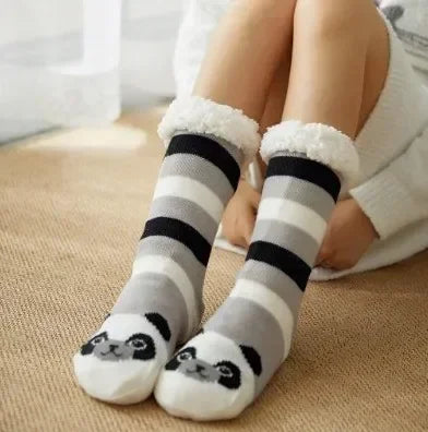 Cadeau de noël pantoufle chaussettes femmes thermique hiver chaud en peluche antidérapant poignée dormir sol chaussette courte floue moelleux femme dessin animé
