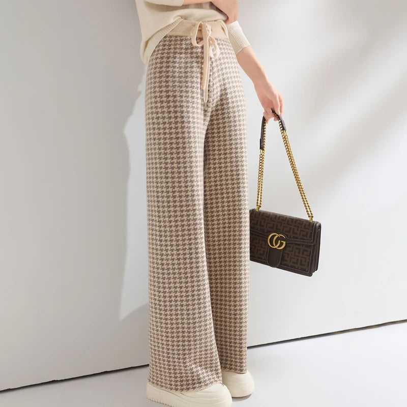 Pantalons en laine pour femmes, pantalons de sol amples en cachemire taille haute tricotés à la mode, pantalons à jambes larges pour femmes, nouvelle collection 2024