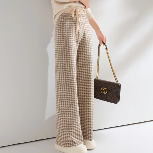 Pantalons en laine pour femmes, pantalons de sol amples en cachemire taille haute tricotés à la mode, pantalons à jambes larges pour femmes, nouvelle collection 2024