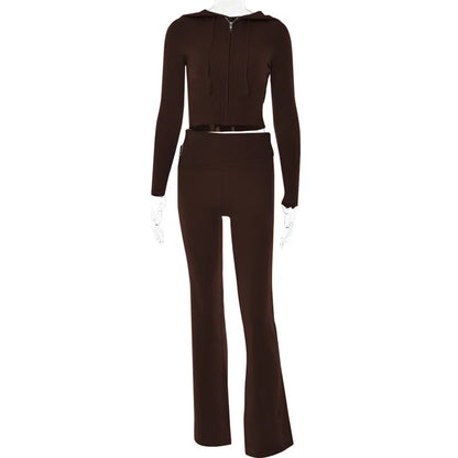 Tenue 2 pièces en tricot côtelé pour femmes, manches longues, fermeture éclair, coupe cintrée, haut court à capuche, pantalon Long élastique, ensemble survêtements Y2K