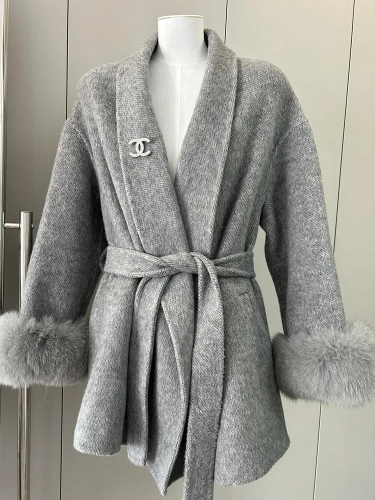 DFDG-Manteau court en laine cachemire pour femme, revers à lacets, tempérament de la mode, nouvelle collection, automne et hiver 2024