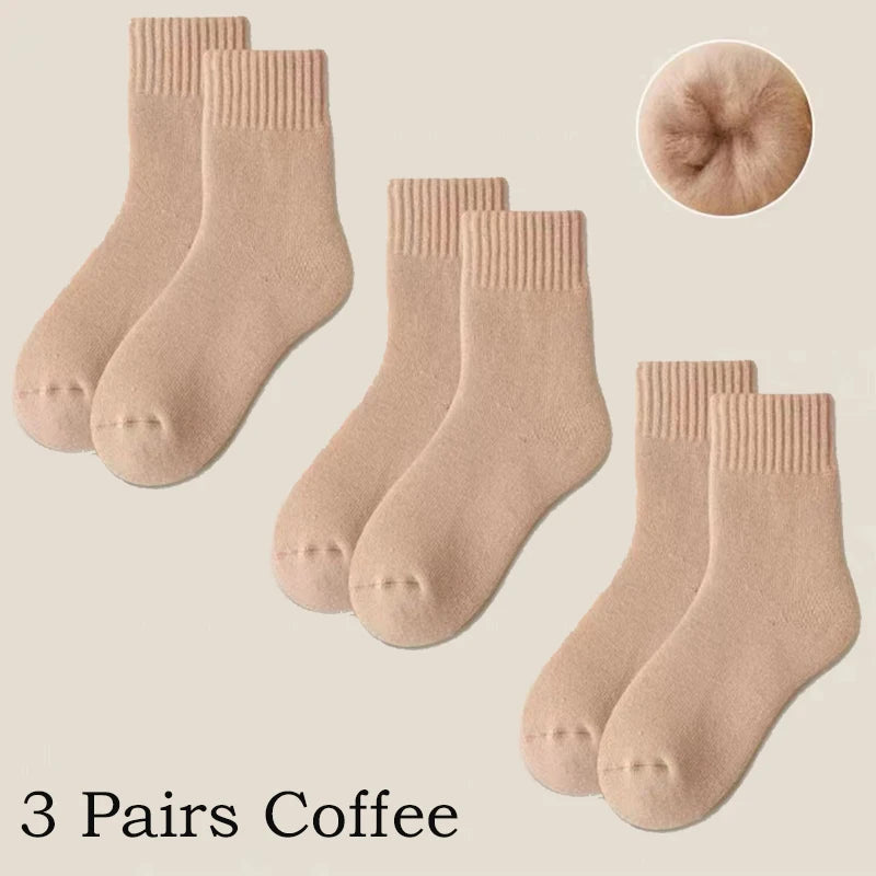 3 paires de chaussettes en laine pour femmes, bottes de neige chaudes et épaisses, couleur Markron, peluche, poilues, douces, Tube moyen, chaussettes de sommeil au sol, blanches, hiver