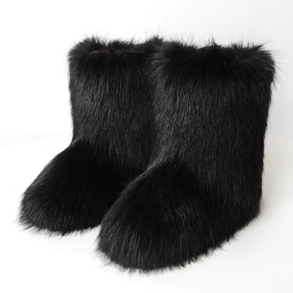 Femmes fausse fourrure bottes hiver moelleux en peluche chaud mi-mollet bottes de neige de luxe mode fourrure bottes confortables en plein air chaussures plates