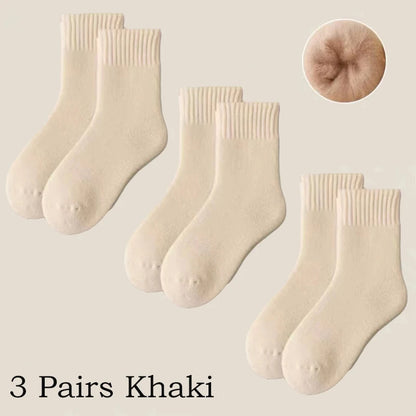 3 paires de chaussettes en laine pour femmes, bottes de neige chaudes et épaisses, couleur Markron, peluche, poilues, douces, Tube moyen, chaussettes de sommeil au sol, blanches, hiver