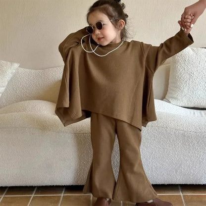 Ensemble pour enfants, couleur unie, ample, col rond, Cape, haut et pantalon évasé, ensemble 2 pièces, à la mode, nouvelle collection automne 2023
