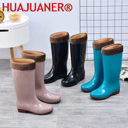 Chaussures De pluie décontractées en PVC avec velours pour femmes, bottes hautes imperméables et antidérapantes, nouvelle mode tendance pour les raisons Botas De Mujer
