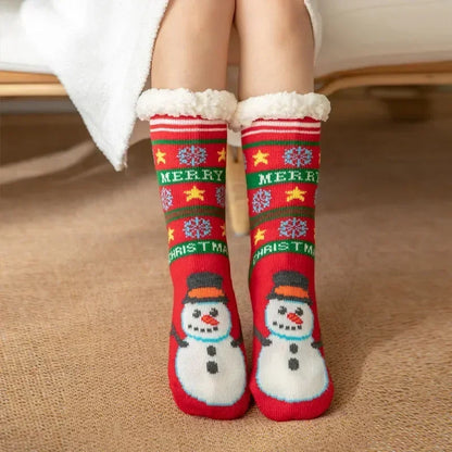 Cadeau de noël pantoufle chaussettes femmes thermique hiver chaud en peluche antidérapant poignée dormir sol chaussette courte floue moelleux femme dessin animé