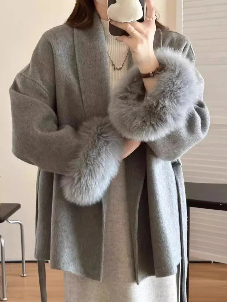 DFDG-Manteau court en laine cachemire pour femme, revers à lacets, tempérament de la mode, nouvelle collection, automne et hiver 2024