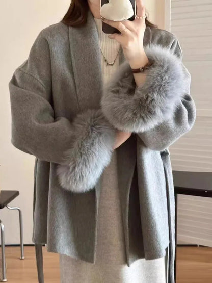 DFDG-Manteau court en laine cachemire pour femme, revers à lacets, tempérament de la mode, nouvelle collection, automne et hiver 2024