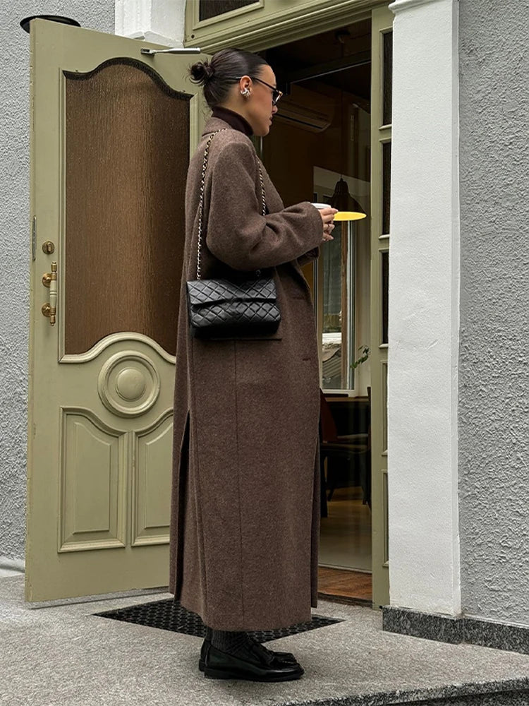 Marron épaulière laine mélange pardessus femmes élégant revers simple boutonnage à manches longues manteau 2025 automne dame banlieue vêtements d'extérieur