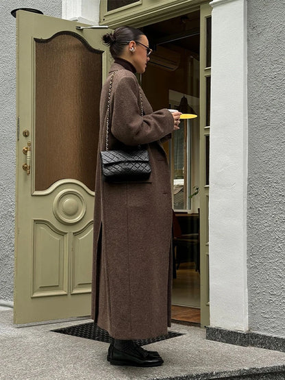 Marron épaulière laine mélange pardessus femmes élégant revers simple boutonnage à manches longues manteau 2025 automne dame banlieue vêtements d'extérieur