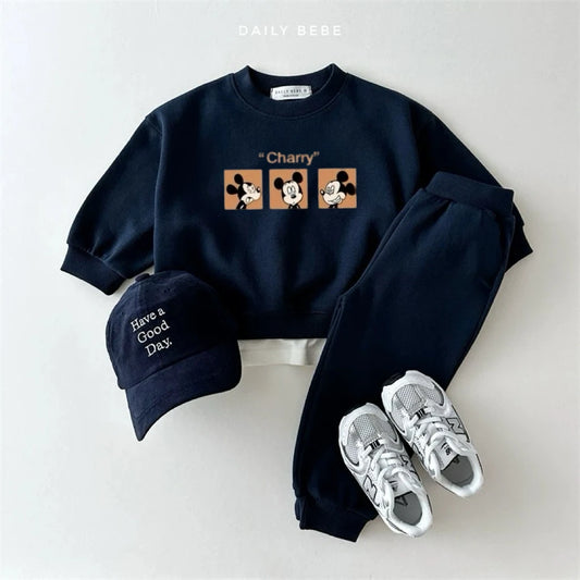 Costumes à manches longues Mickey Mouse imprimé sweats + pantalons deux pièces automne vêtements beaux sweats à capuche couleur unie pantalon enfant