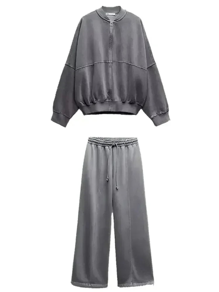 Ensemble 2 pièces à la mode pour femme, sweat-shirt polaire doublé, veste bombardier extensible + pantalon taille haute pour femme sauvage, hiver 2025