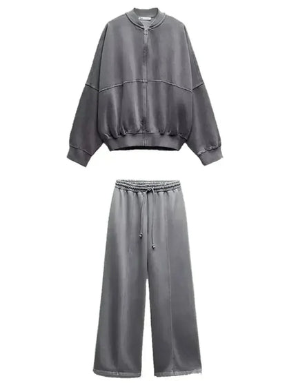 Ensemble 2 pièces à la mode pour femme, sweat-shirt polaire doublé, veste bombardier extensible + pantalon taille haute pour femme sauvage, hiver 2025