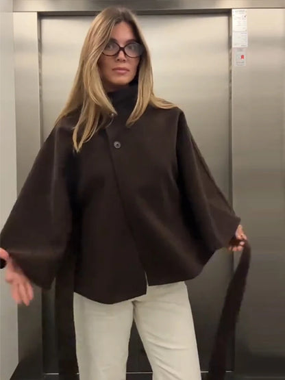 Manteau femme Cape courte manteaux pour femmes ceinture fausse laine et mélanges manteaux automne hiver solide manteaux élégant Cape veste dames