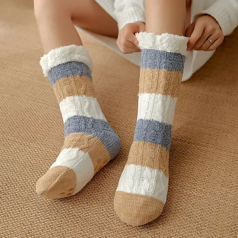 Chaussette thermique floue pour femme, poignée en peluche, chanvre, douce, pour l'hiver, pour la maison, l'intérieur, la chambre à coucher, antidérapante, moelleuse et épaisse, pantoufles de sol