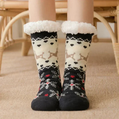 Cadeau de noël pantoufle chaussettes femmes thermique hiver chaud en peluche antidérapant poignée dormir sol chaussette courte floue moelleux femme dessin animé