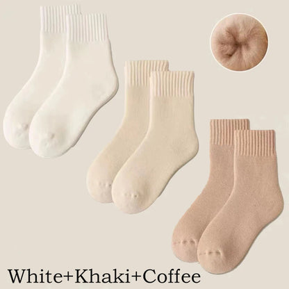 3 paires de chaussettes en laine pour femmes, bottes de neige chaudes et épaisses, couleur Markron, peluche, poilues, douces, Tube moyen, chaussettes de sommeil au sol, blanches, hiver