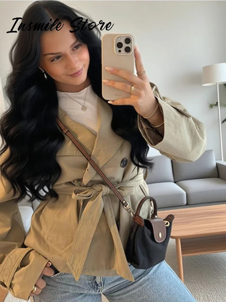 Mode ceinture courte Trench manteau femmes col montant Double boutonnage poche à manches longues manteaux 2025 automne dame trajet Chic vêtements d'extérieur