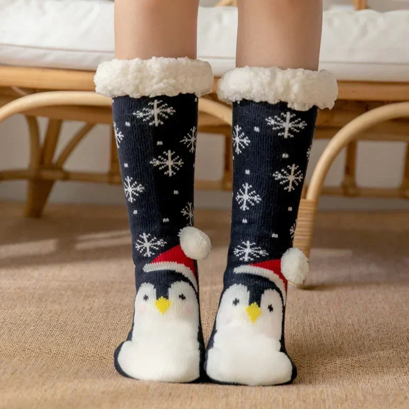 Cadeau de noël pantoufle chaussettes femmes thermique hiver chaud en peluche antidérapant poignée dormir sol chaussette courte floue moelleux femme dessin animé