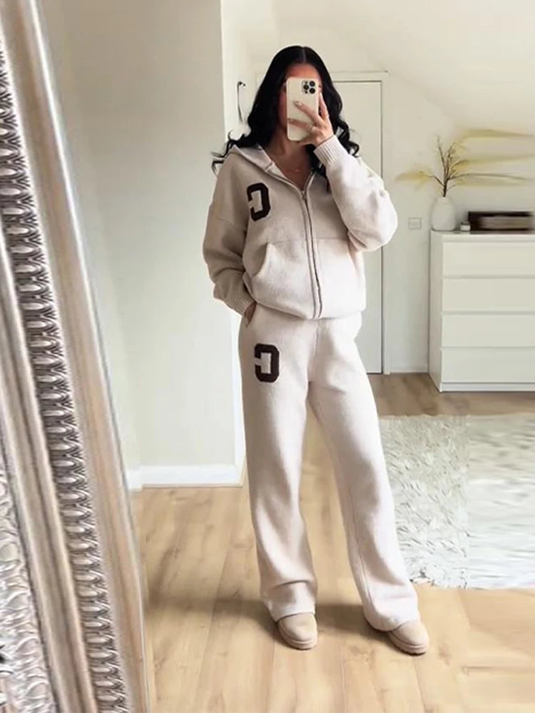 Ensemble Cardigan et pantalon en tricot pour femmes, décontracté, capuche, fermeture éclair, manches longues, manteau ample, pantalon droit, mode dame, costume 2 pièces, automne 2025