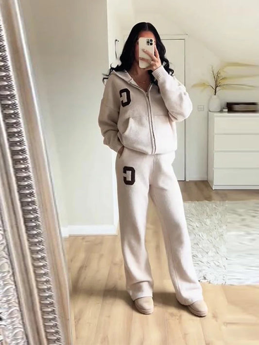 Ensemble Cardigan et pantalon en tricot pour femmes, décontracté, capuche, fermeture éclair, manches longues, manteau ample, pantalon droit, mode dame, costume 2 pièces, automne 2025