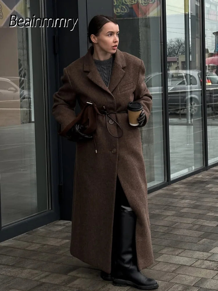 Marron épaulière laine mélange pardessus femmes élégant revers simple boutonnage à manches longues manteau 2025 automne dame banlieue vêtements d'extérieur