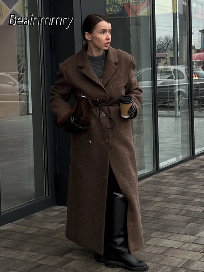 Marron épaulière laine mélange pardessus femmes élégant revers simple boutonnage à manches longues manteau 2025 automne dame banlieue vêtements d'extérieur
