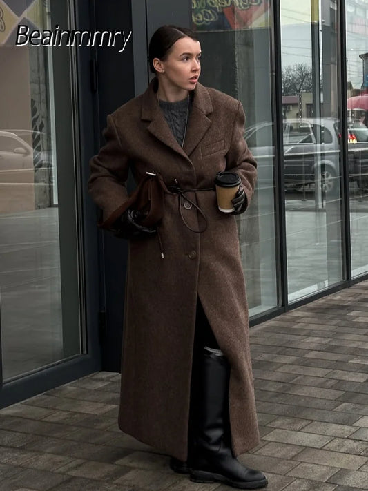 Marron épaulière laine mélange pardessus femmes élégant revers simple boutonnage à manches longues manteau 2025 automne dame banlieue vêtements d'extérieur
