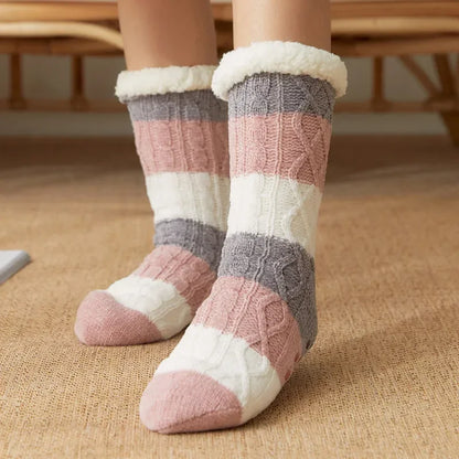 Chaussette thermique floue pour femme, poignée en peluche, chanvre, douce, pour l'hiver, pour la maison, l'intérieur, la chambre à coucher, antidérapante, moelleuse et épaisse, pantoufles de sol