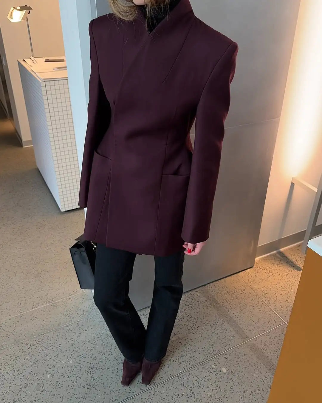 Manteau élégant à col en v pour femme, ample, poches solides, manches longues, manteaux simples, mode automne hiver 2025