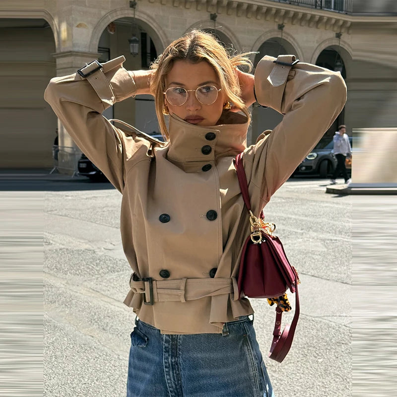 Mode ceinture courte Trench manteau femmes col montant Double boutonnage poche à manches longues manteaux 2025 automne dame trajet Chic vêtements d'extérieur