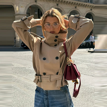 Mode ceinture courte Trench manteau femmes col montant Double boutonnage poche à manches longues manteaux 2025 automne dame trajet Chic vêtements d'extérieur