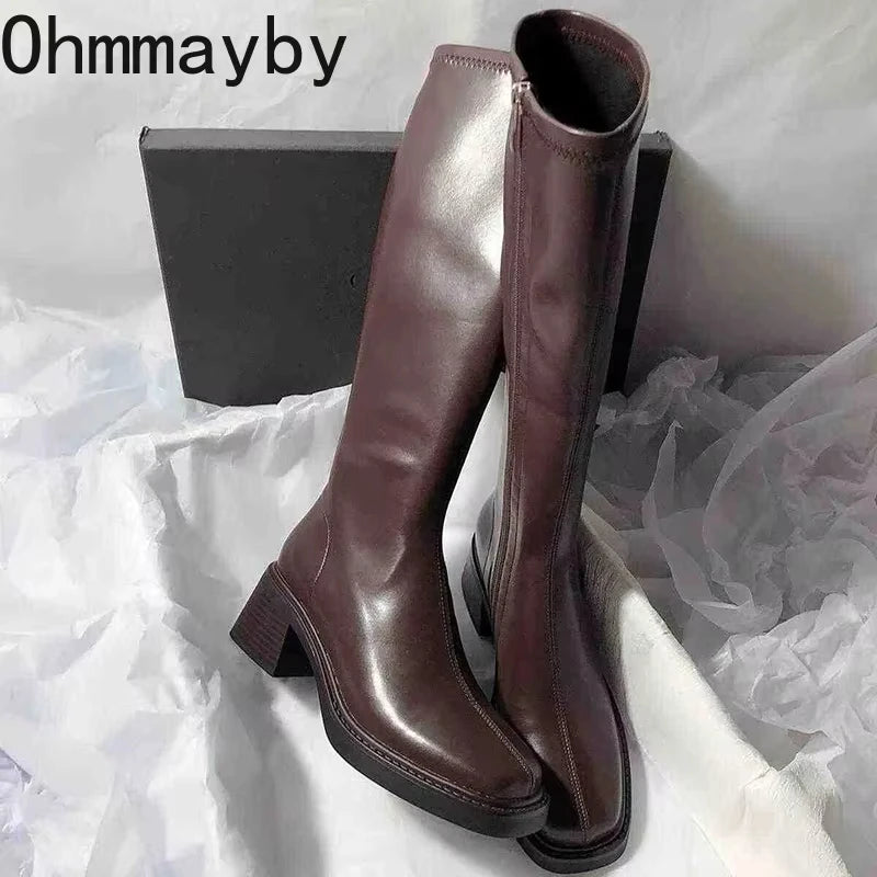 Vintage talon épais femmes genou bottes hautes mode fermetures éclair latérales chaussures automne hiver dames concis longues Botas De Mujer
